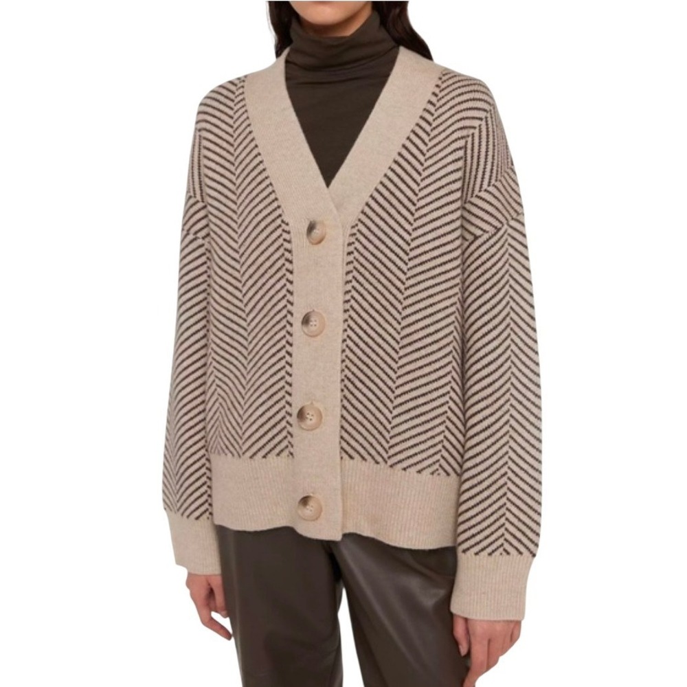 Oak + Fort Size Small Herringbone Women's Knit Cardigan Cream Oversized Boho